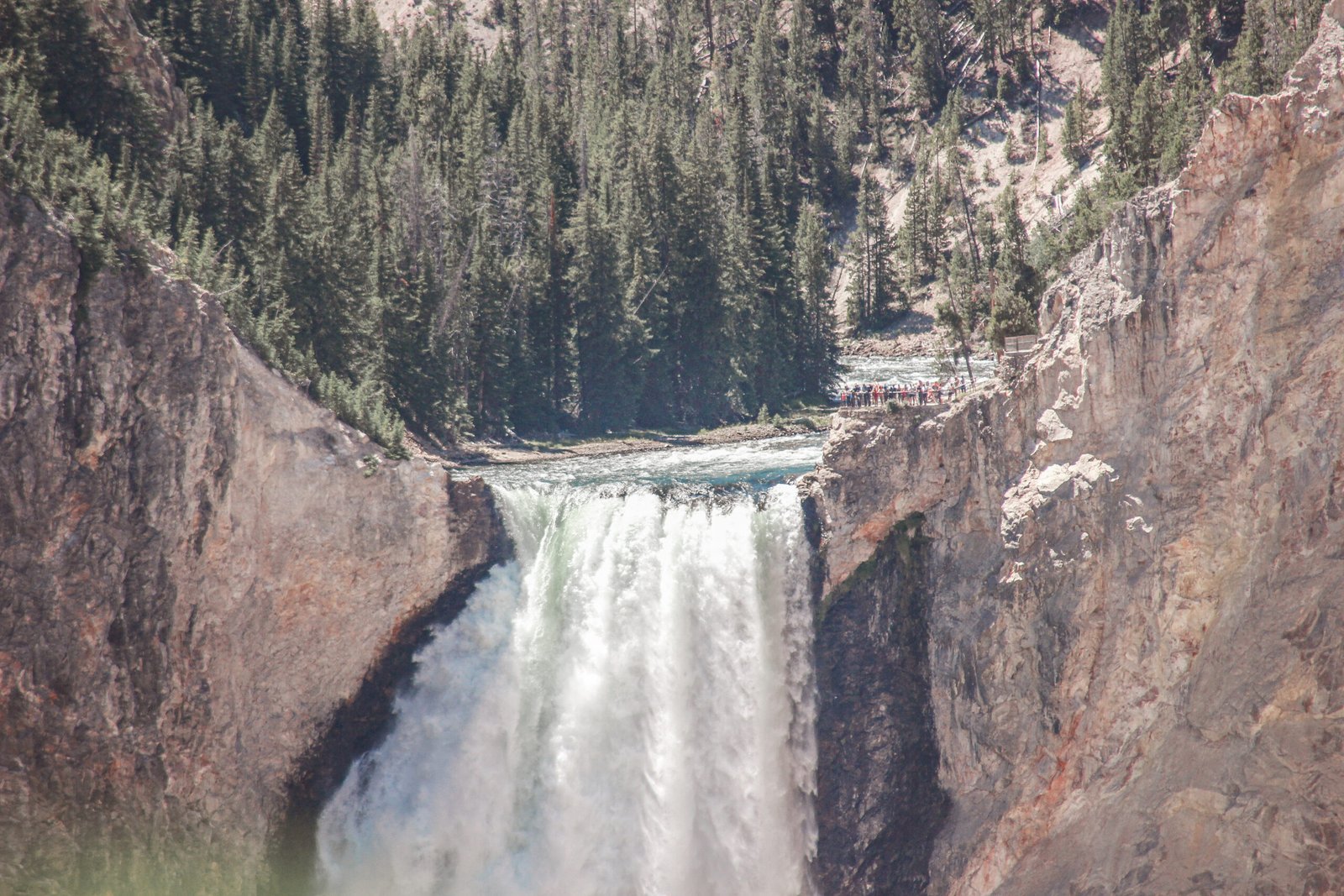 The crowd looks so small next to the Upper Falls of Yellowstone River